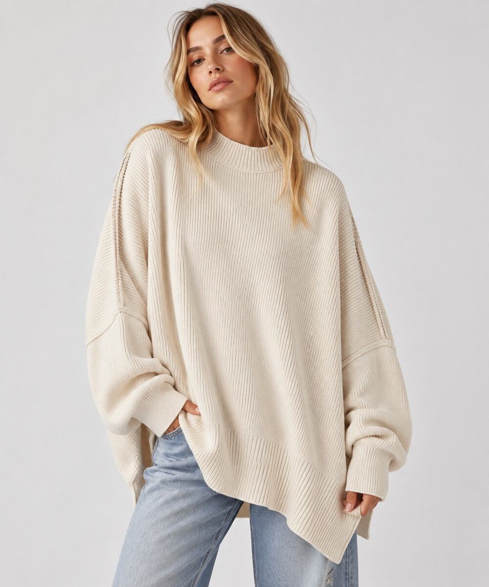 Free People Easy Street Tunic Sweater Cream Ribbed Oversized Mock Neck Size S/M